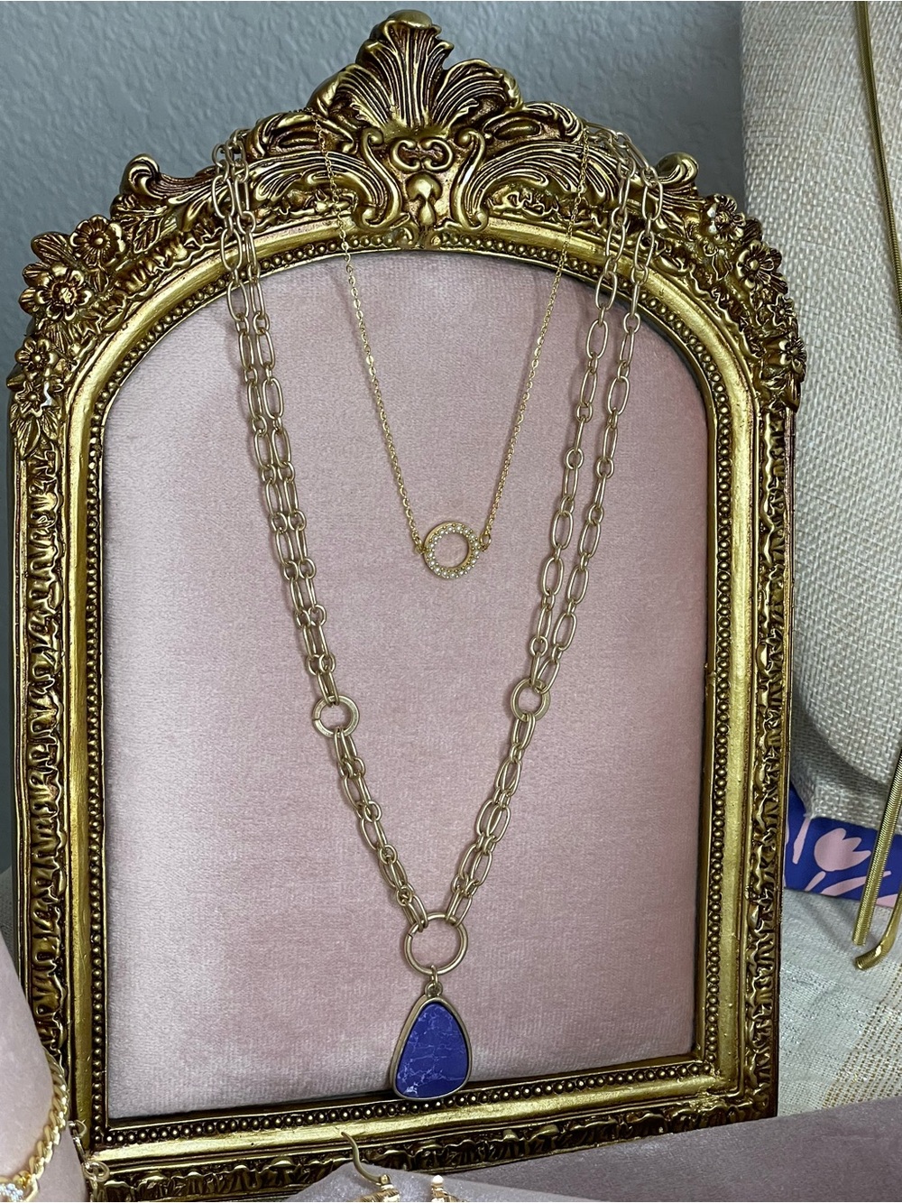 Beautiful BrushedGold-Tone Layered Necklace with Blue Teardrop Pendant